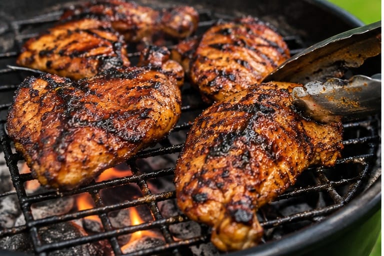 Marinated chicken grilling on a BBQ grill