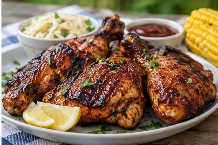Juicy grilled BBQ chicken served with sides